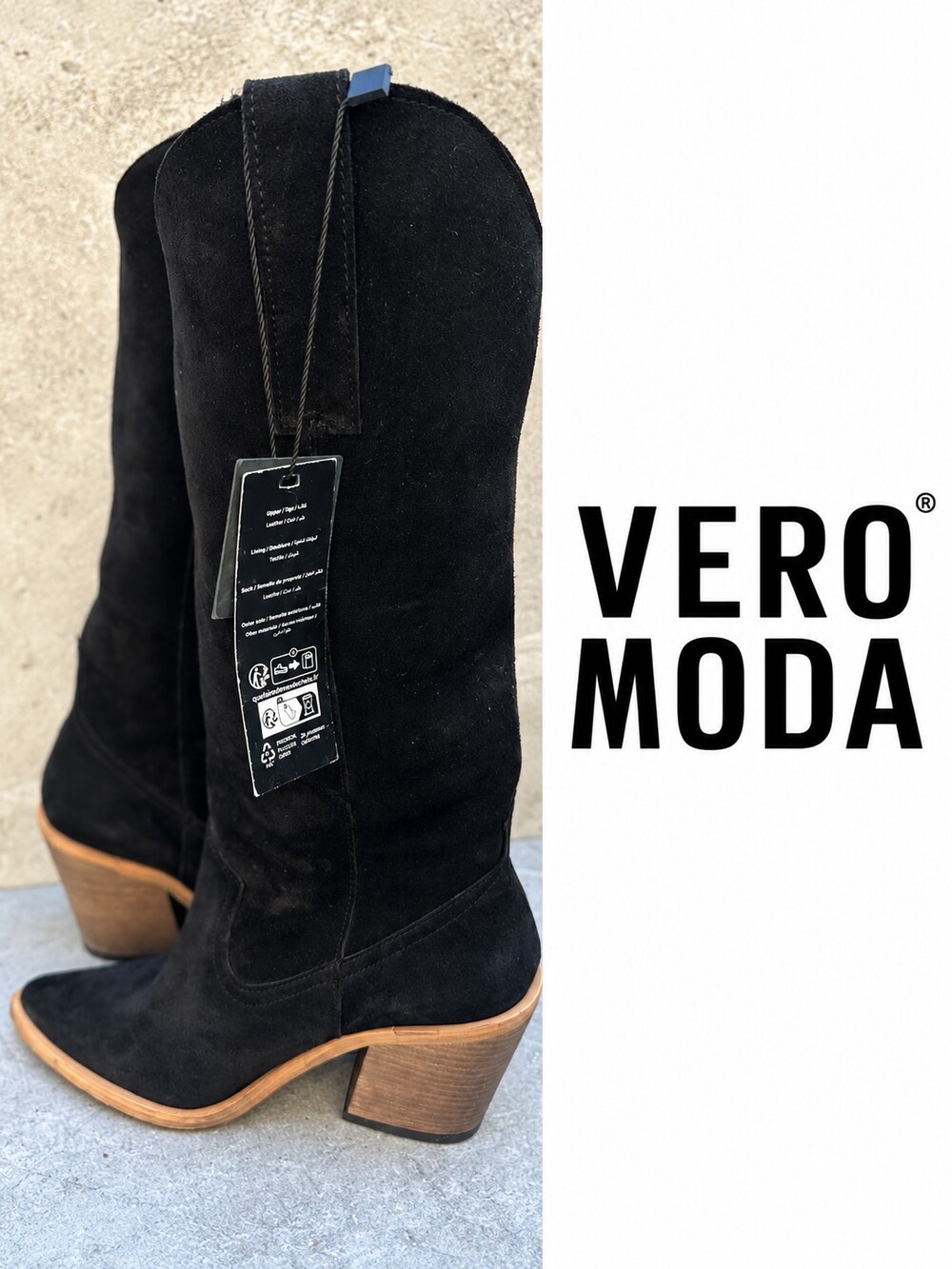 Brand new with tags VERO MODA black suede Western-style knee-high boots. Size 8
